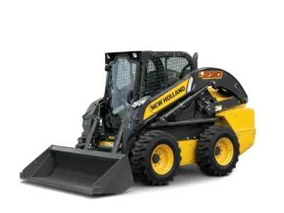 Arriendo de minicargador New Holland con martillo hidráulico, aguilón y horquillas. Ideal para trabajos en espacios reducidos. Cotice con Servisan.