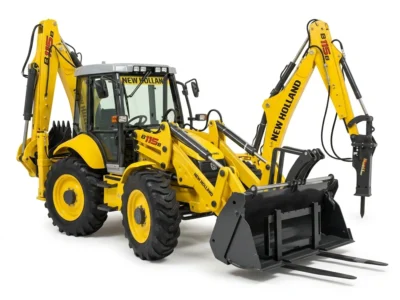 Arriendo de retroexcavadoras New Holland y JCB. Equipos con martillo hidráulico y horquillas para excavación y demolición. Cotice con Servisan.